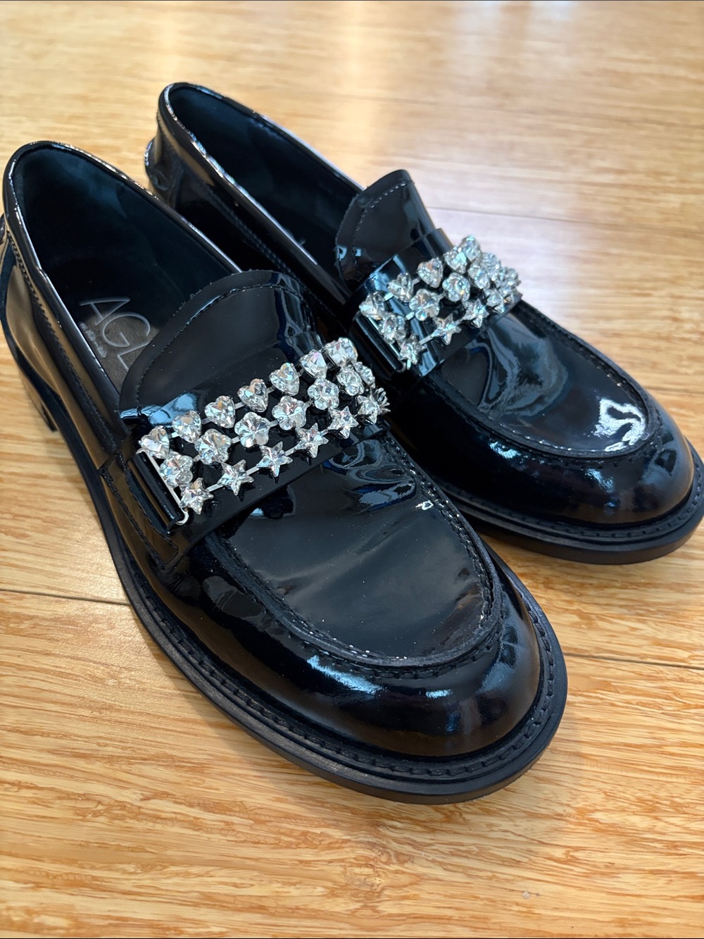 AGL Black Patent Leather Crystal Embellished Loafers 37.5 designer Italian